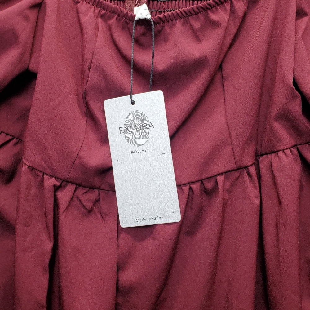 Exlura Dress Womens Medium Burgundy Balloon Sleeve Square Neck Smocked Back Zip - Picture 5 of 11